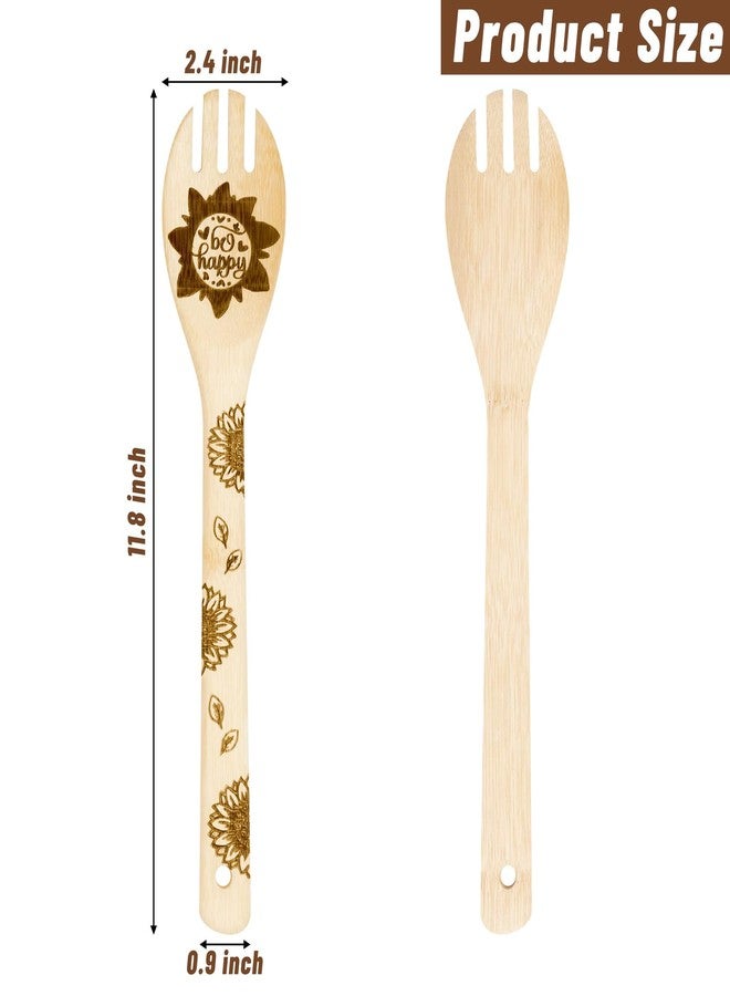 Eartim Sunflower Wooden Spoon Utensils - 5Pcs Summer Sunflower Theme Kitchen Cooking Utensil Set Natural Non-Stick Carve Burned Bamboo Cooking Spoon Slotted Spatulas Kitchen Tool Birthday Wedding Gift - Image 3